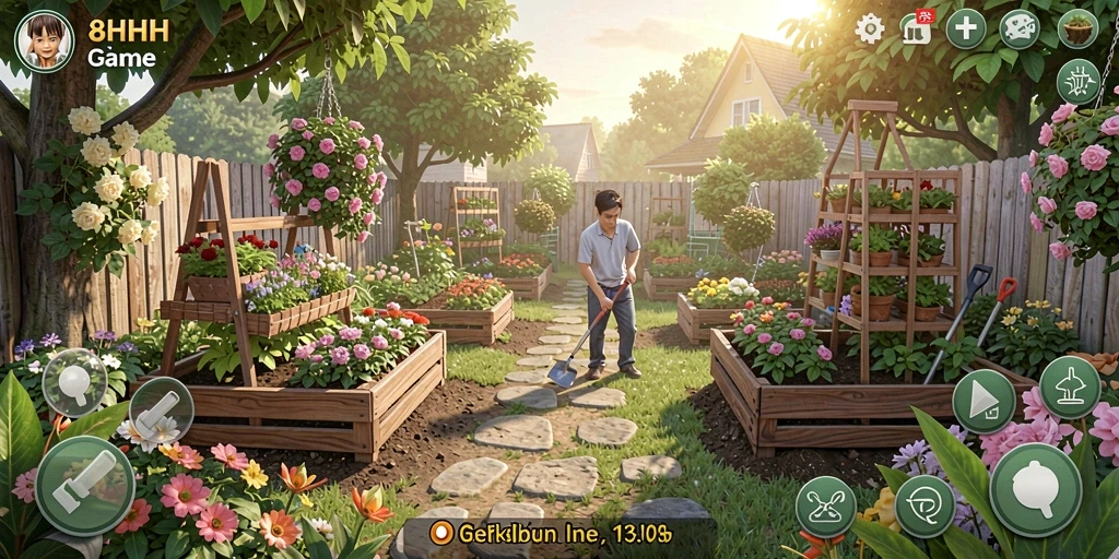 Screenshot gameplay 8HHH menunjukkan aktivitas berkebun yang menyenangkan.