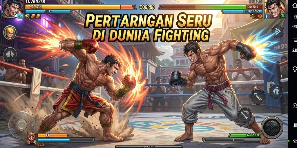 Screenshot menunjukkan pertarungan seru dengan karakter yang unik dan teknik bertarung.