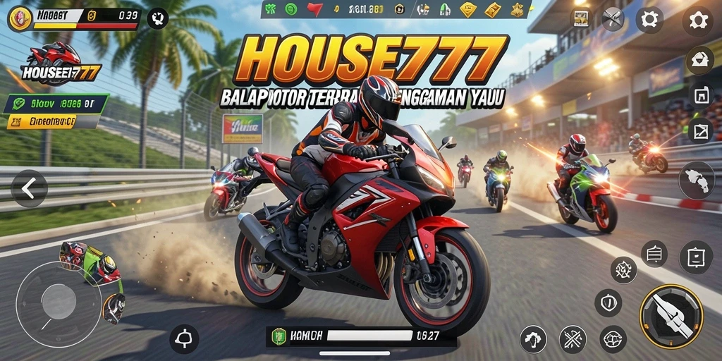 Screenshot utama HOUSE777 menampilkan balapan motor yang intens.