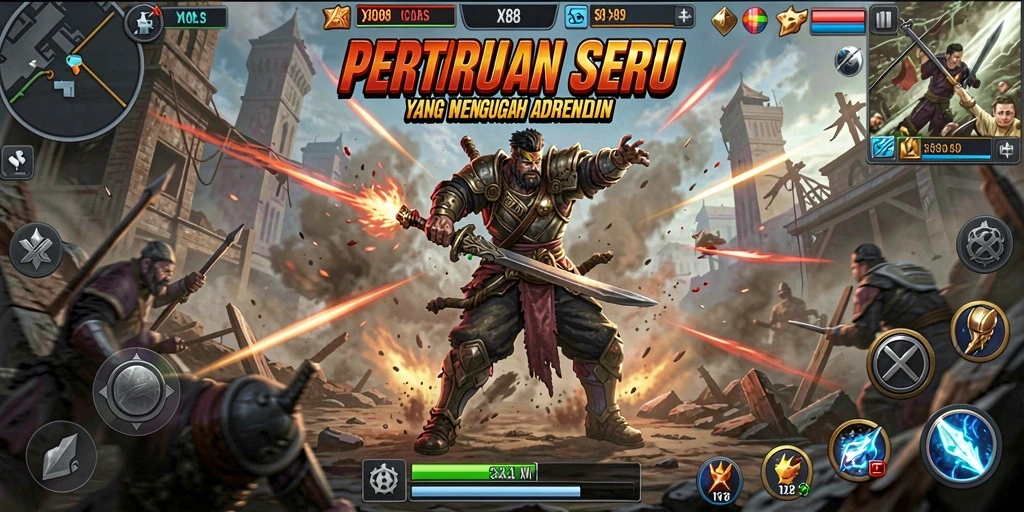 Screenshot X88 menunjukkan pertarungan seru dengan karakter unik di arena.